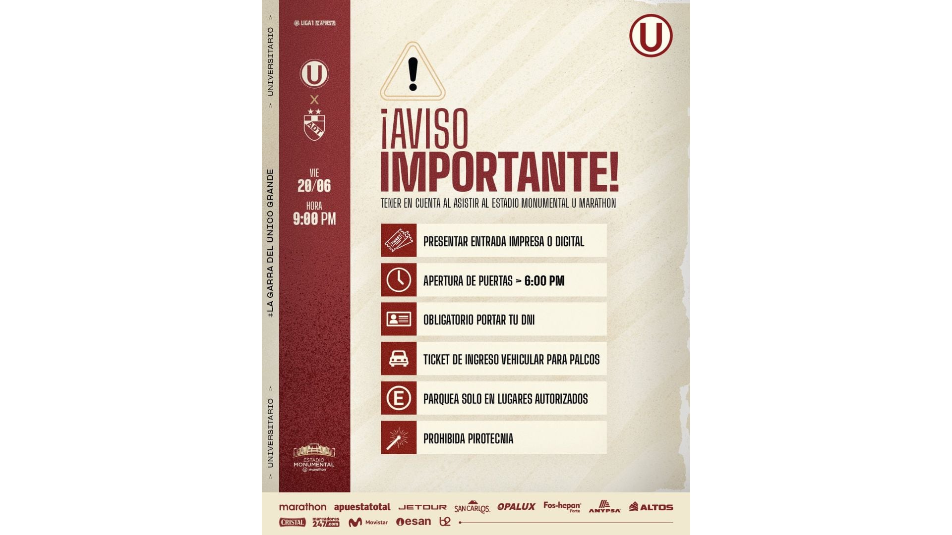 Recomendaciones para asistir al Universitario vs ADT por Liga 1 2025.