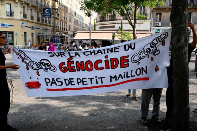 During a rally in support of dockers who refused to load a container of military equipment onto a ship bound for Israel, in Marseille on June 5, 2025.