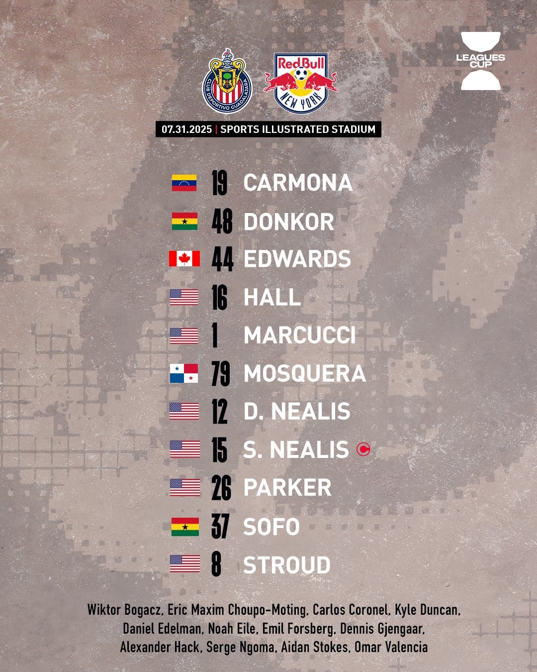 NY Red Bulls alignment to face the Chivas. Image of X @Newyorkredbulls