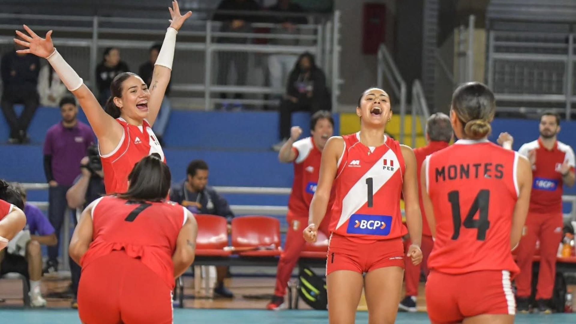 The thrilled Peruvian team celebrating their fourth set win.
