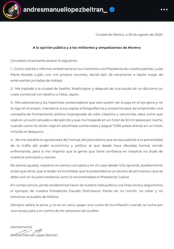 Andy López Beltrán issued a statement