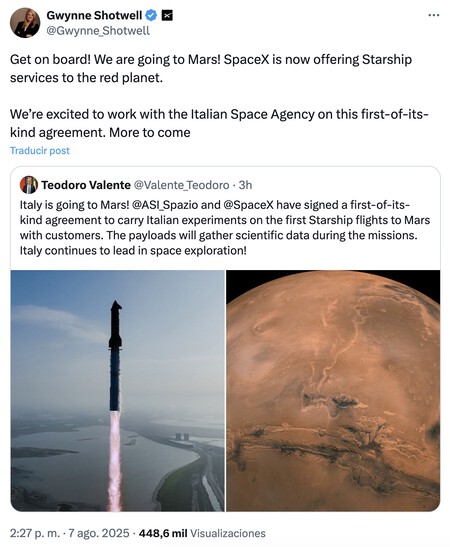 Screen capture of Gwynne Shotwell and Teodoro Valente's X posts