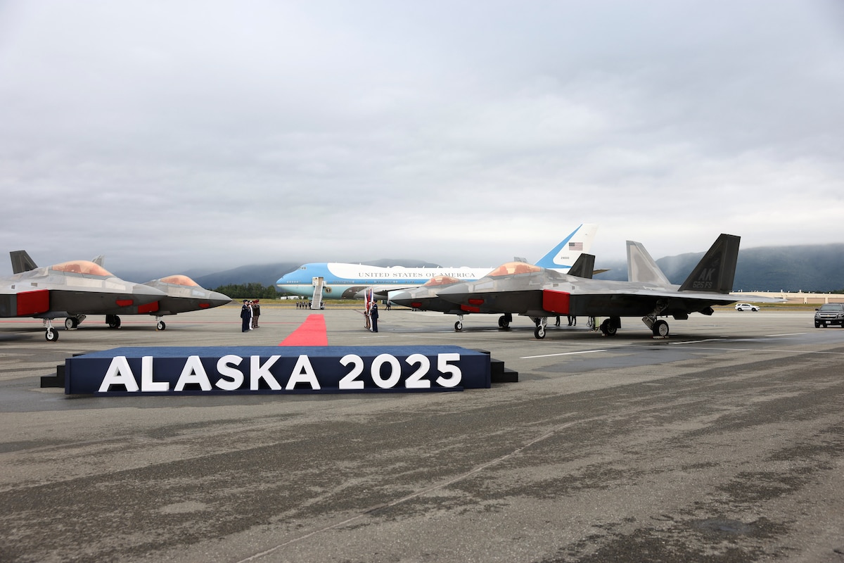 The Air Force One, with US President Donald Trump on board, waits on the track of the Joint base elmendorf-richardson before meeting with Russian President Vladimir Putin