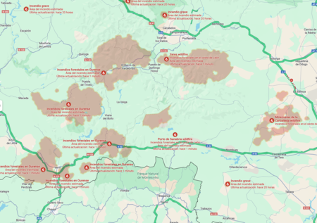 Screen capture 18 August 2025 showing fire outbreaks in Ourense