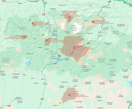 Screen capture 18 August 2025 showing fire outbreaks in Valle del Nalón, Asturias