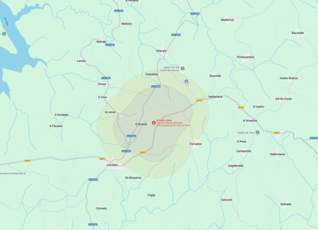 Screen capture 18 August 2025 showing fire outbreaks in Limos