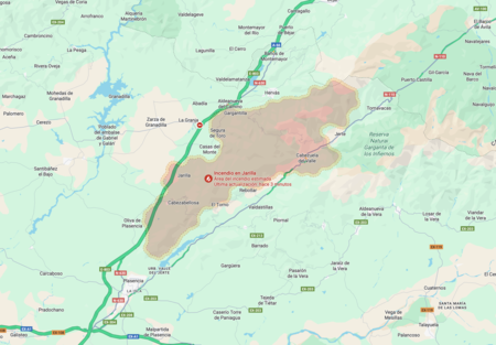 Screen capture 18 August 2025 showing fire outbreaks in Extremadura