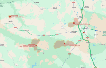 Screen capture 18 August 2025 showing fire outbreaks in Cáceres