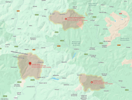 Screen capture 18 August 2025 showing fire outbreaks in El Bierzo, Asturias