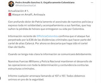 The minister ruled out that the Gulf clan had participated in the attack - credit @pedrosanchezcol/x