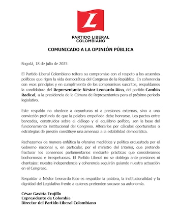 The Liberal Party, through a statement signed by César Gaviria,