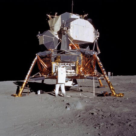 Buzz Aldrin next to the Apollo 11 lunar module 'Eagle'