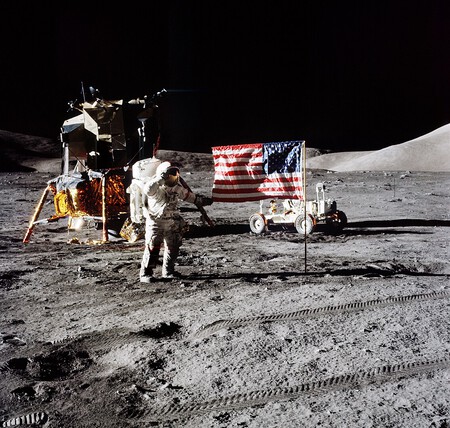Eugene Cernan alongside the rover and lunar module from Apollo 17