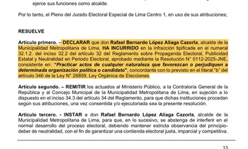 JEE Lima Center determines that Rafael López Aliaga violated electoral neutrality
