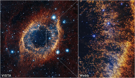 Comparison of Helix Nebula Images from Earth and Webb