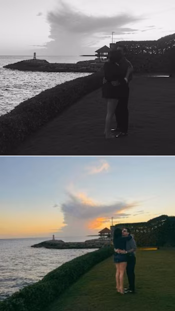 Double image of Christian Nodal and Ángela Aguilar hugging on a lawn by the sea, with a lighthouse in the distance. Above in black and white, below in color during a sunset