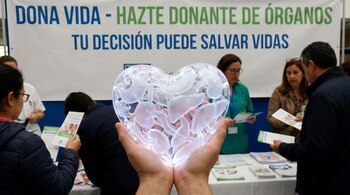 Close-up of hands holding an illuminated heart-shaped model with internal organs. In the background, a banner about organ donation and people at a stand.