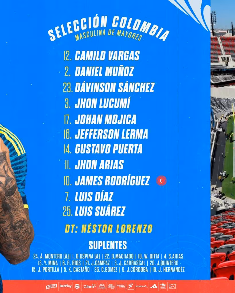 Colombia's starting lineup against Jordan - FCF credit