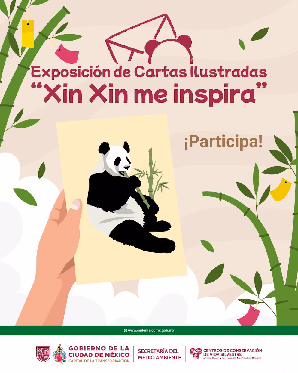 exhibition poster "Xin Xin inspires me". Shows a hand holding a drawing of a panda eating bamboo, among bamboo stalks with decorations.