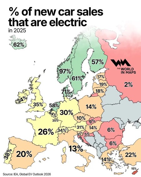 Electric Car Sales in Europe: An Eye-Opening Map Featuring a Surprising Peninsula—Spoiler: It’s Not the Ibérica