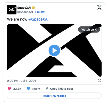 “Introducing SpaceXAI”: Elon Musk’s Two Companies Merge as Wall Street Embraces Simplicity