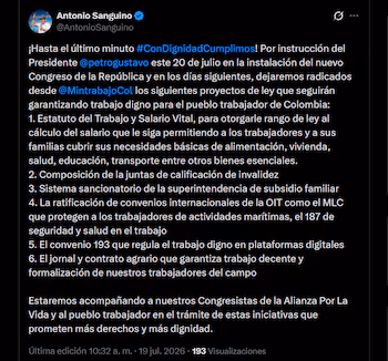 The Ministry of Labor will present a Statute of Labor and Living Wage to give the status of law to the calculation of the minimum wage in Colombia - credit X