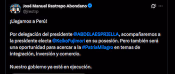 Vice President-Elect of Colombia José Manuel Restrepo Arrives in Peru for Keiko Fujimori’s Inauguration Ceremony