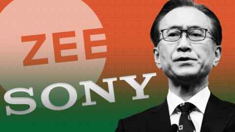 Logotipos de Zee Entertainment y Sony sobre un fondo degradado naranja y verde con una imagen de Kenichiro Yoshida, presidente y director ejecutivo de Sony.