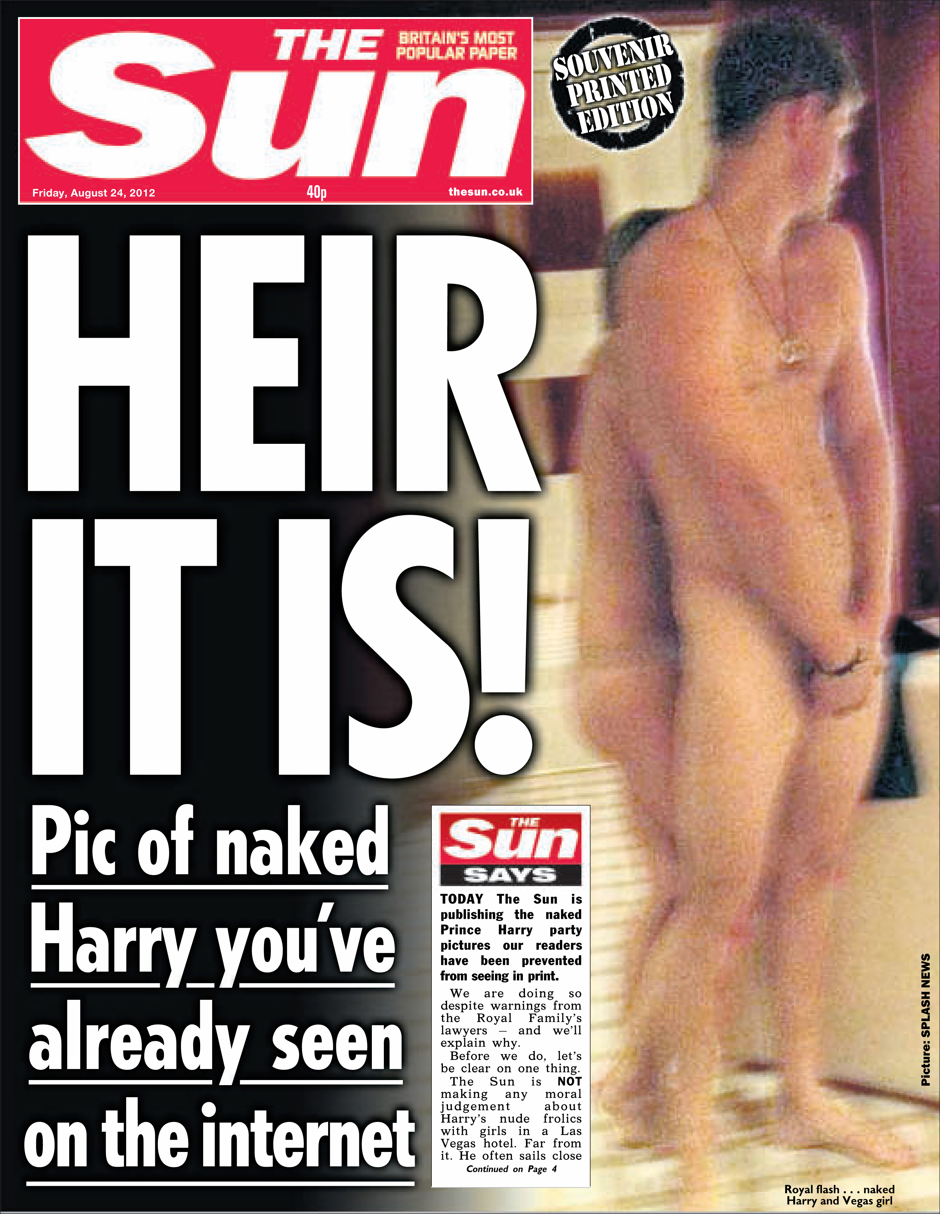 En 2012 se publicaron en The Sun fotos de un Harry desnudo abrazado por una mujer con poca ropa.