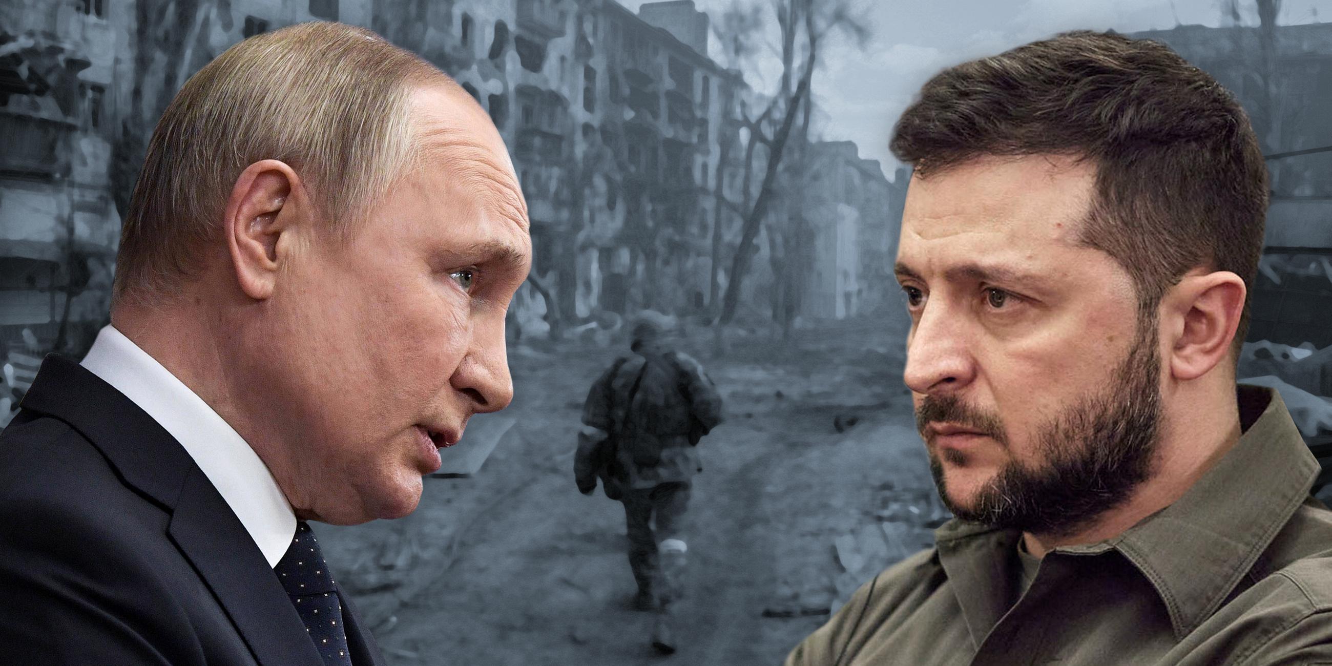 Montaje: Vladimir Putin y Volodymyr Zelenskyj frente a una vista de Mariupol destruida