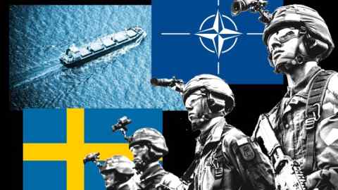 Tropas suecas, barco en el Mar Báltico, banderas de la OTAN y Suecia