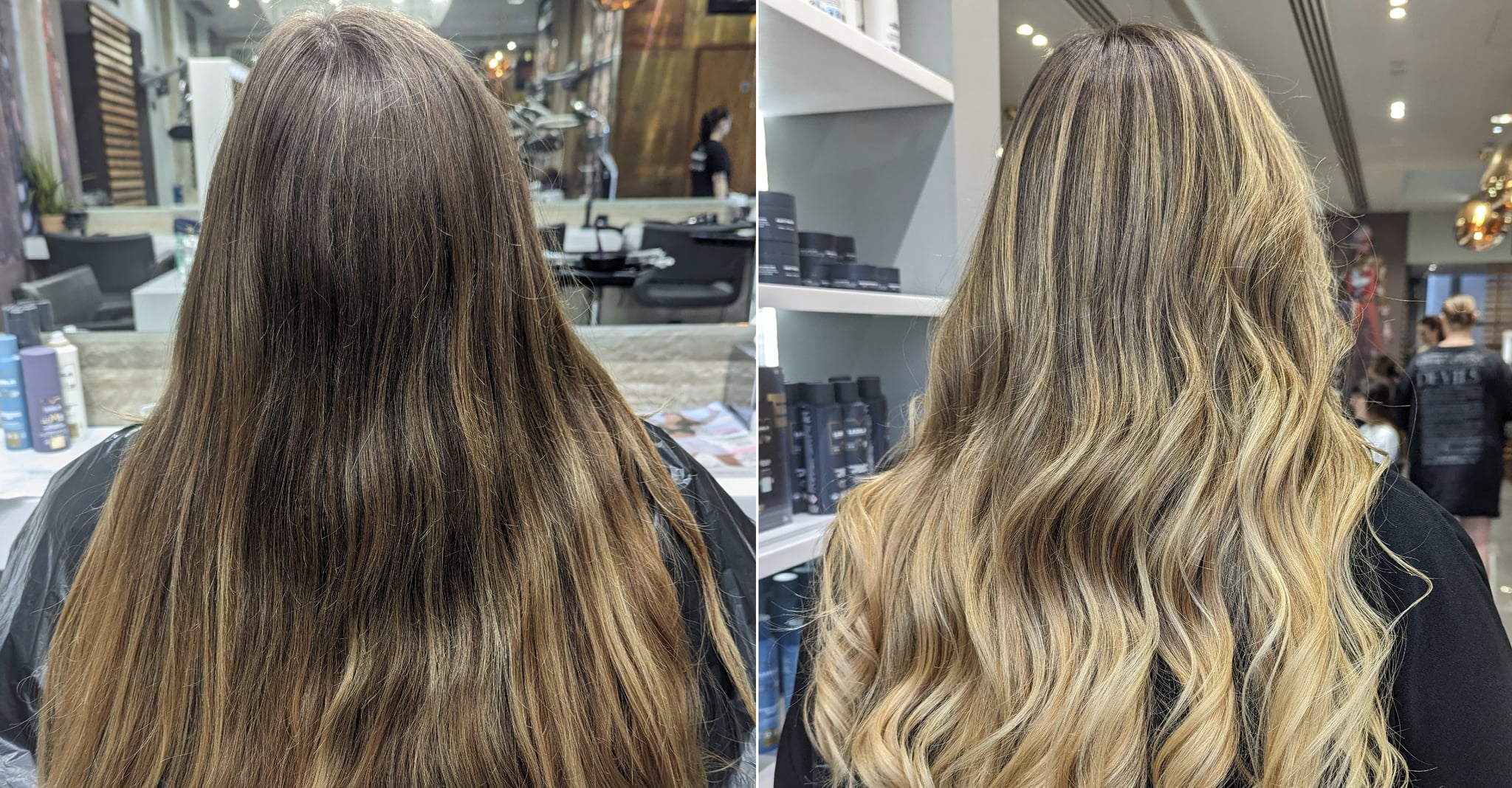 Foto de antes y después del color de cabello rubio de Dream Girl.