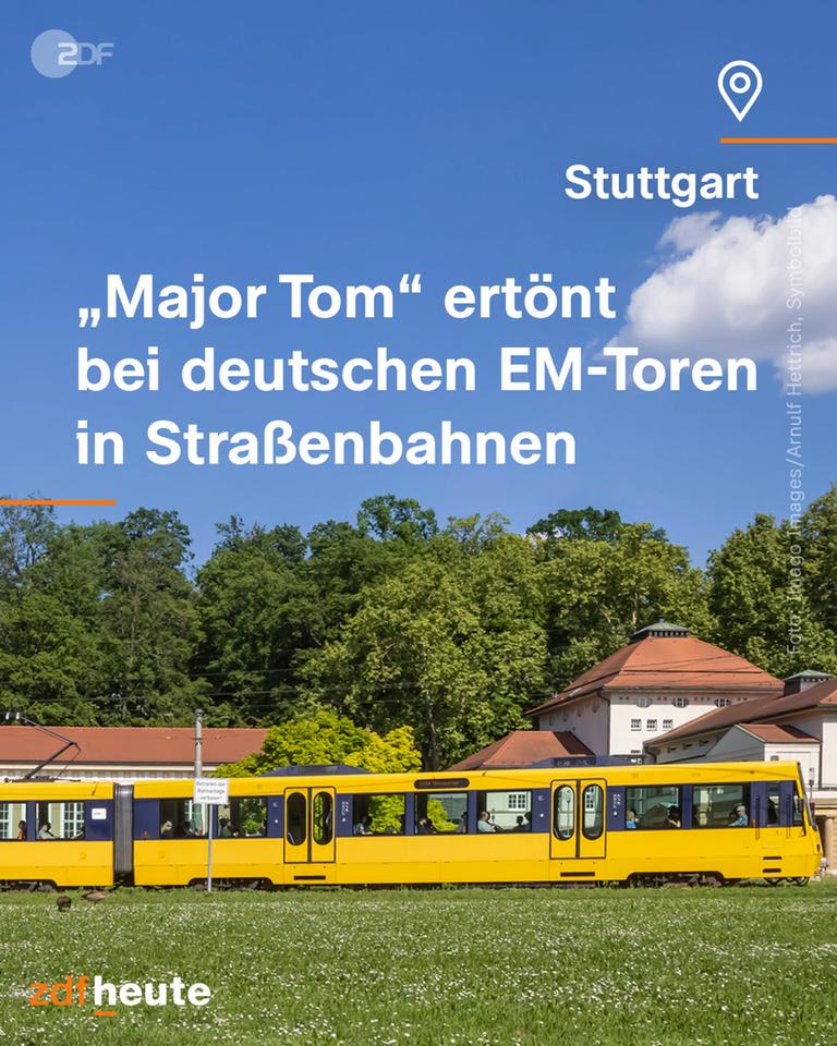 Imagen de un tranvía: en Stuttgart suena la canción en las porterías del campeonato europeo de Alemania "mayor tom" sonido.