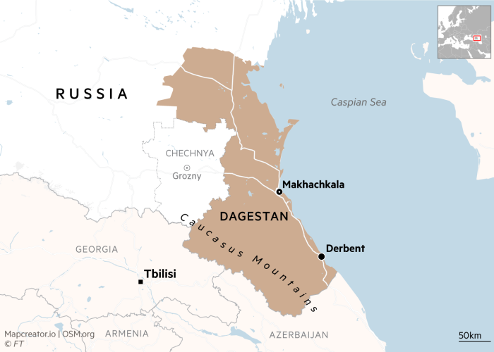 Mapa de Daguestán en Rusia que muestra la ubicación de los ataques en Derbent y Makhachkala