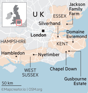 Mapa que muestra bodegas y viñedos clave en Inglaterra