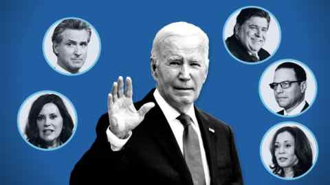 Joe Biden en el centro. En el sentido de las agujas del reloj desde la parte inferior izquierda: Gretchen Whitmer, Gavin Newsom, JB Pritzker, Josh Shapiro y Kamala Harris