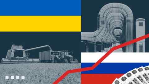 Montaje de agricultura y banderas ucranianas y rusas.