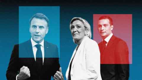 Imagen de montaje de Emmanuel Macron, Marine Le Pen y Jordan Bardella