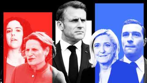 Montaje con Manon Aubry, Valérie Rabault, Emmanuel Macron, Marine Le Pen, Jordan Bardella