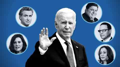 Joe Biden en el centro.  En el sentido de las agujas del reloj desde abajo a la izquierda: Gretchen Whitmer, Gavin Newsom, JB Pritzker, Josh Shapiro y Kamala Harris