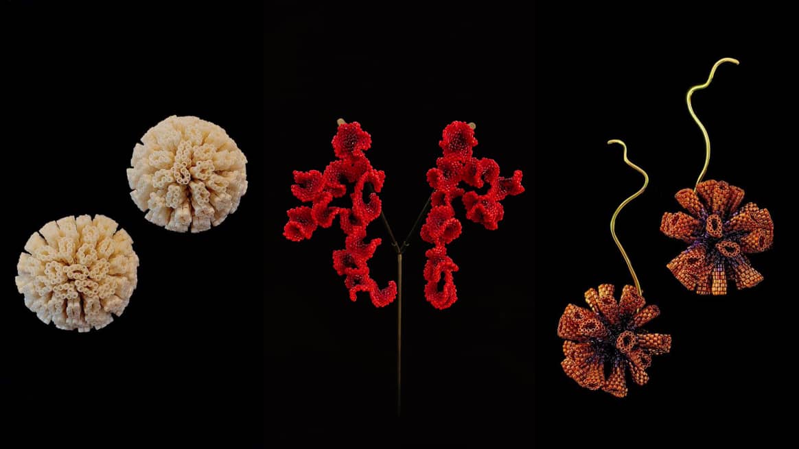 (De izquierda a derecha) Pieza de cavata, inspirada en un coral cerebro.  Coralina, obra maestra, inspirada en los arrecifes de coral.  Candra, inspirada en los corales Tubipora.