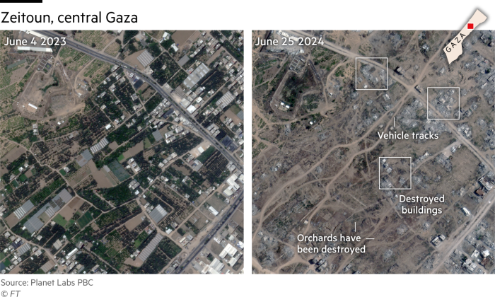 Imágenes satelitales de Planet Labs PBC que muestran a Zeitoun en Gaza del 4 de junio de 2023 y el 25 de junio de 2024