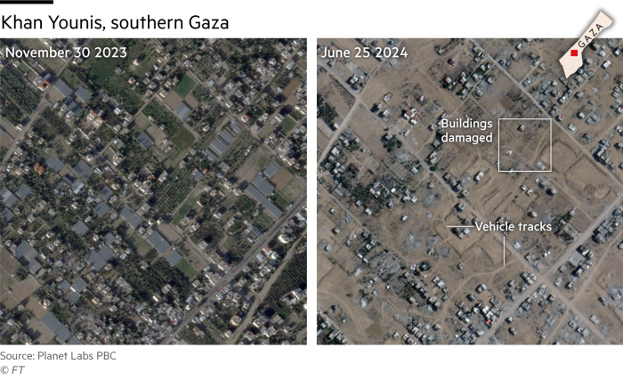 Imágenes satelitales de Planet Labs PBC que muestran a Khan Younis en Gaza del 30 de noviembre de 2023 y el 25 de junio de 2024