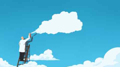 Ilustración de Andy Carter de una persona subiéndome a una escalera contra el cielo, rociando nubes por encima de las 