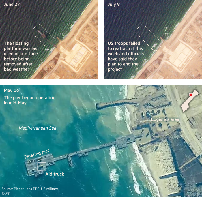 Imágenes satelitales que muestran la ubicación del muelle flotante JLOTS. El muelle comenzó a funcionar a mediados de mayo. La plataforma flotante se utilizó por última vez a fines de junio antes de ser retirada debido al mal tiempo. Las tropas estadounidenses no lograron volver a colocarla esta semana y las autoridades han dicho que planean poner fin al proyecto.