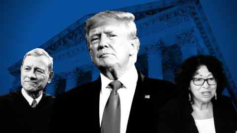 Una foto del juez John Roberts, a la izquierda, Donald Trump y Sonia Sotomayor, con el exterior de la Corte Suprema al fondo.