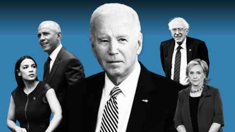 Joe Biden, en el centro, en el sentido de las agujas del reloj, Alexandria Ocasio-Cortez, Barack Obama, Bernie Sanders y Hillary Clinton