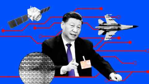 Imagen de montaje que muestra a Xi Jinping, un avión, un satélite y