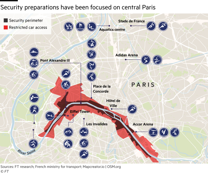 Mapa que muestra el centro de París y la barrera metálica que bloqueará 6 km del Sena. Fuente: investigación del FT; Ministerio de Transportes de Francia