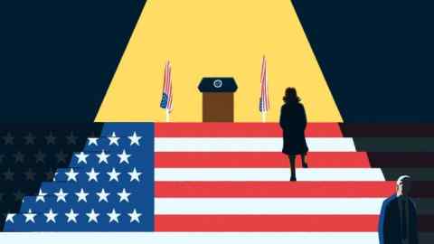Ilustración de Andy Carter de una mujer subiendo unas escaleras coloreadas con la bandera de Estados Unidos hasta un podio que lleva el sello del presidente estadounidense.